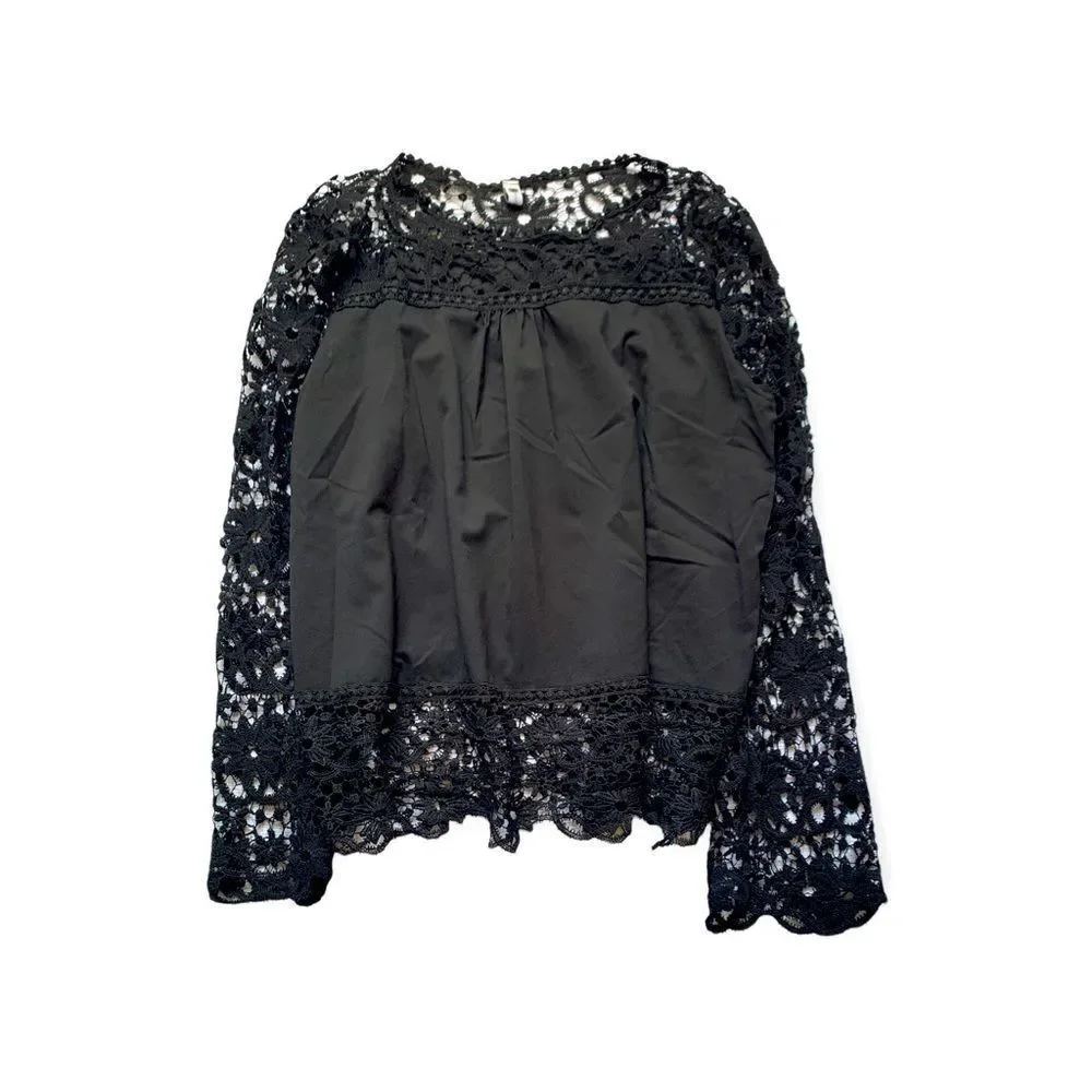 Gorgeous Top‎ Black Blouse with Crochet Embroidery Lace Style Accents - Picture 2 of 5